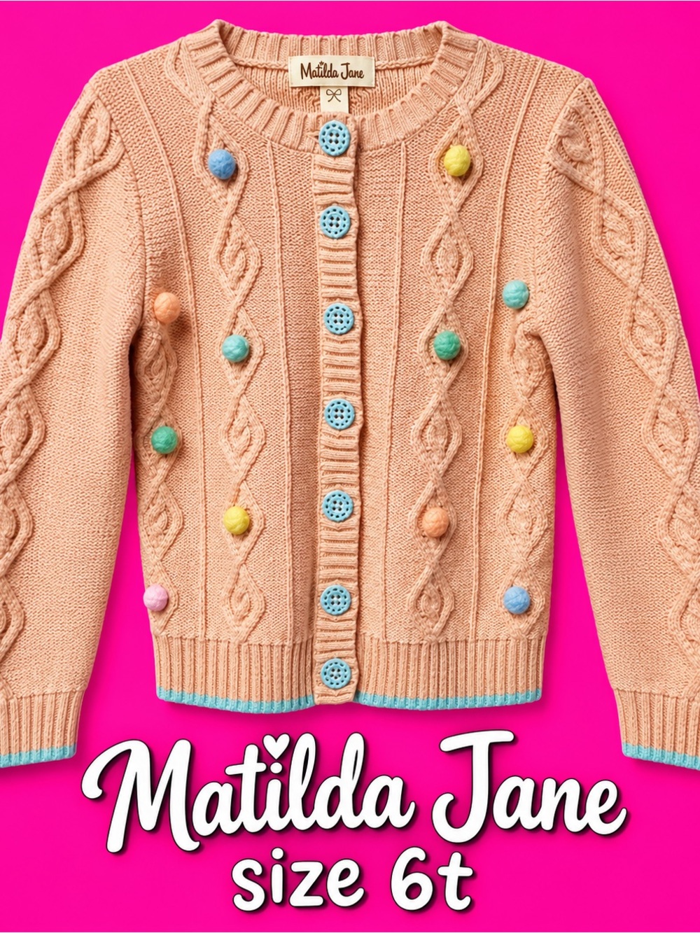 Matilda Jane Peach Knit Cardigan with Multicolor Poms 6t
